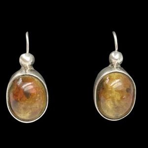 Vintage 925 Sterling Silver Jasper Cabochon Drop Earrings Mexico 10g